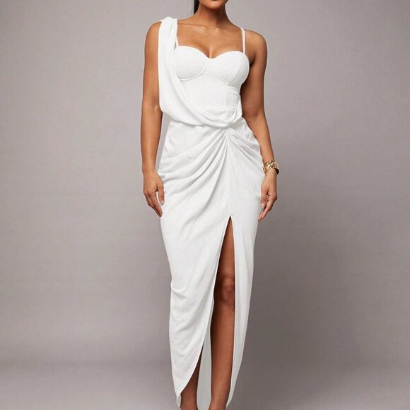 white Party Women's Romantic Date Night Asymmetric Drapey Maxi dress - Picture 1 of 7